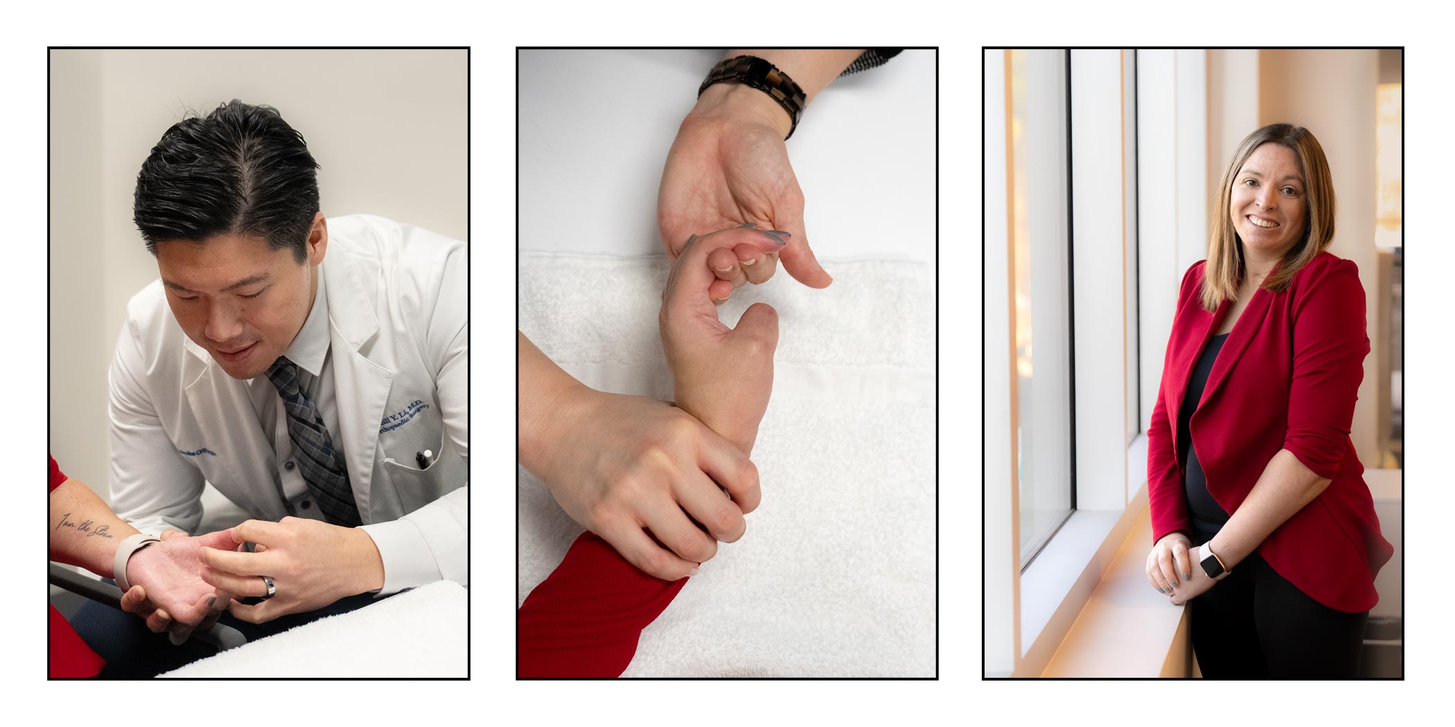 From left, a doctor examines Jessi's hand, a close up of Jessi's hand being held and examined on a table, Jessi smiling by a window.