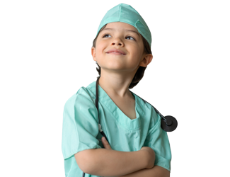 A child dressed up as a doctor in surgery looks off into the distance